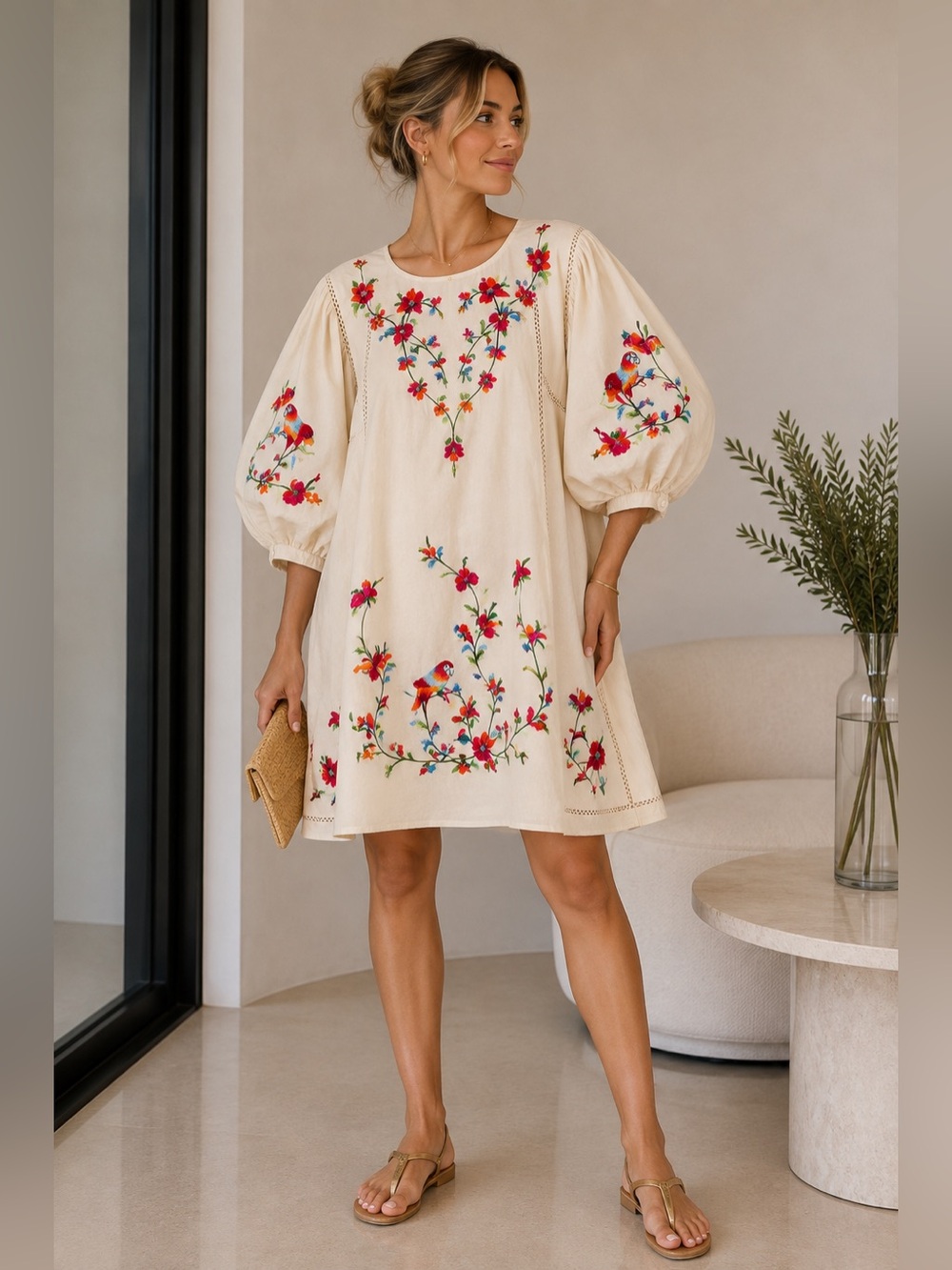 Zara Cream Mini Dress with Red & Green Floral Embroidery
